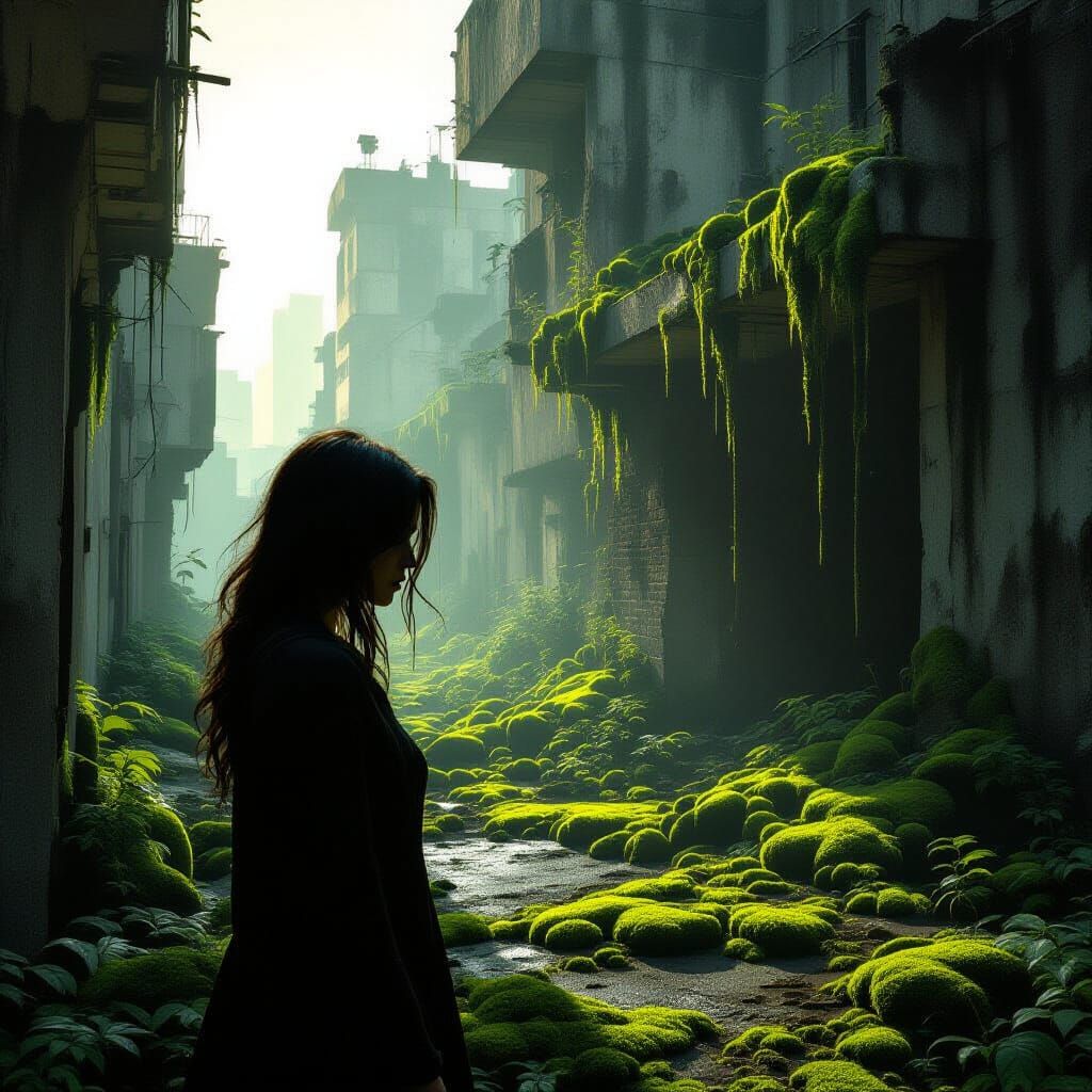 Woman Exploring Overgrown Cityscape at Dawn