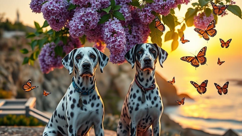 Dalmatians Under Lilac Bush at Sunset: Photorealistic Wildli...
