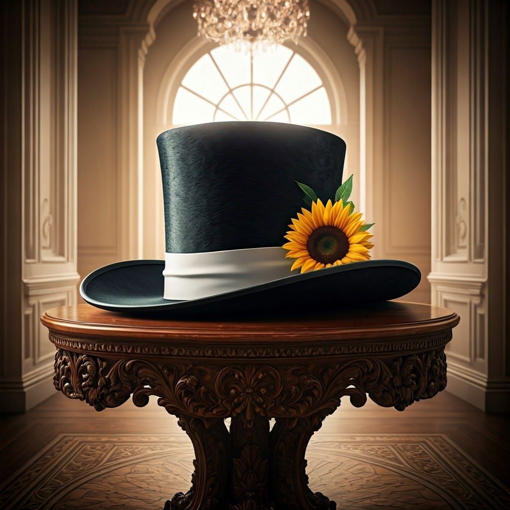 Oversized Black Top Hat with Sunflower in Edwardian Foyer
