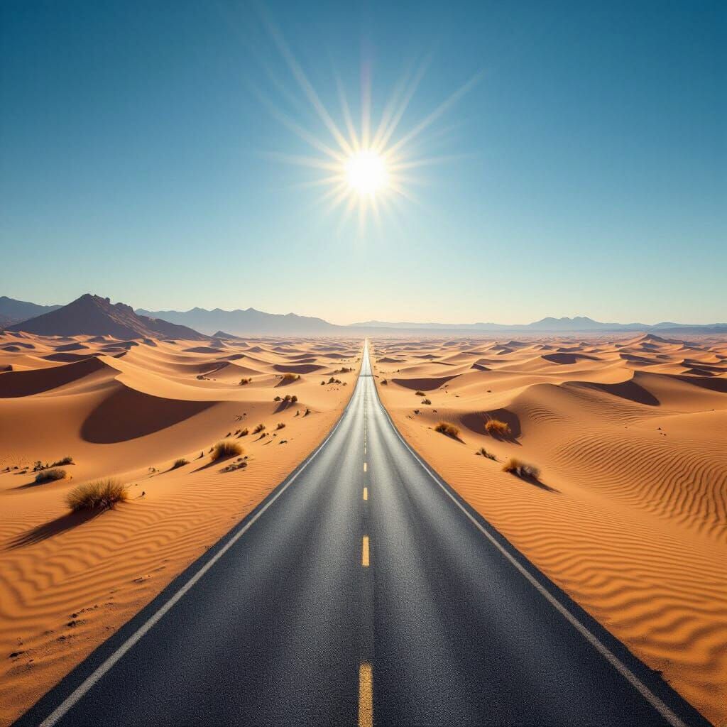 Vast Desert Road Under a Clear Blue Sky