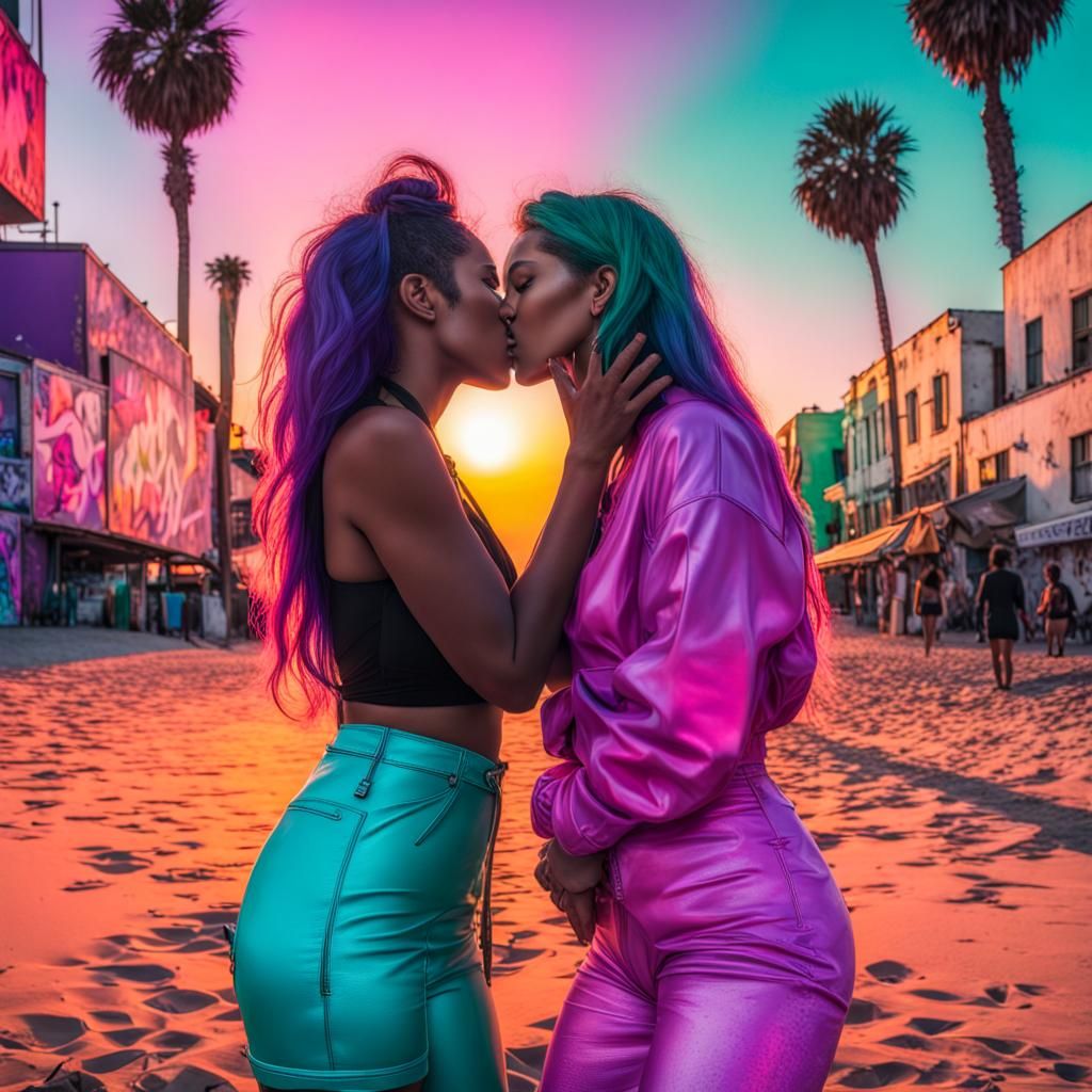 Cyberpunk Women Kissing on Venice Beach