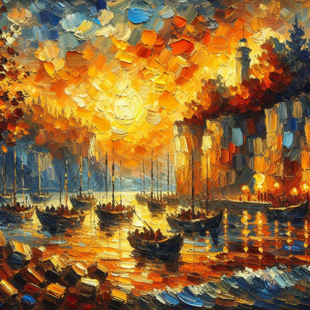 Golden Sunset Over Boat-Filled Cove: Impasto Oil Painting