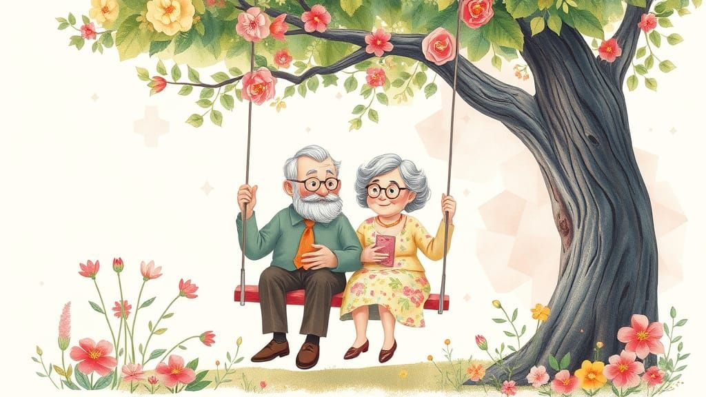 Grandparents Swinging in Floral Garden: 3D Illustration