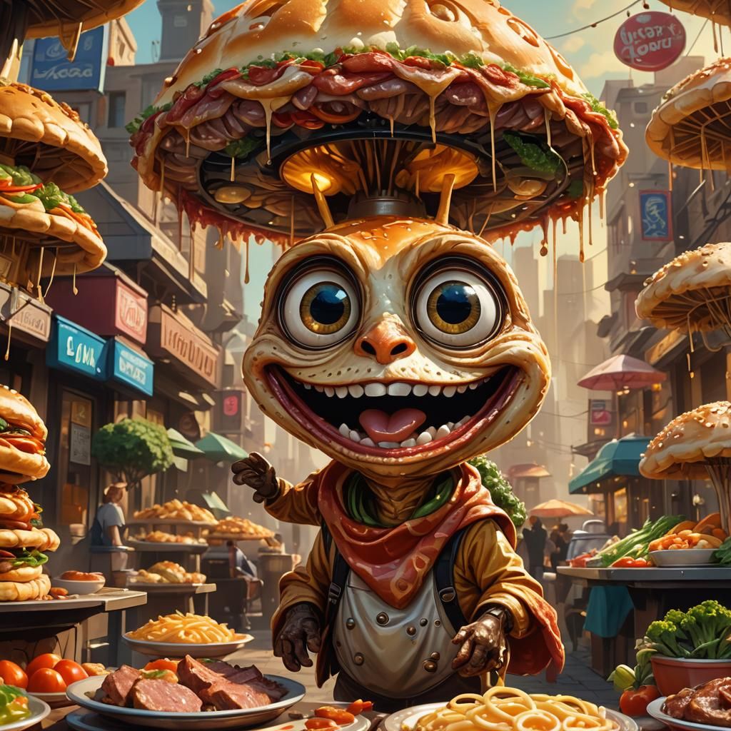 Smiling Cheburek Character in Vibrant Airbrush Style