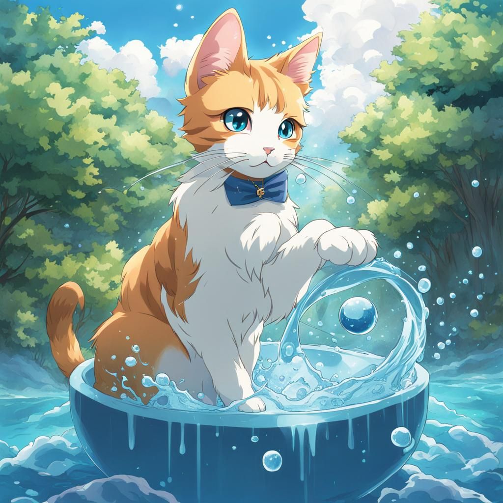 Cat with Water Powers in Anime Style