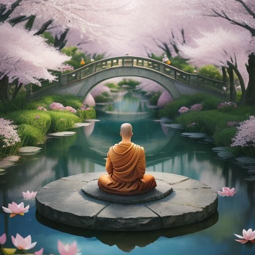 Monk Meditating in Cherry Blossom Garden: Surreal Impression...
