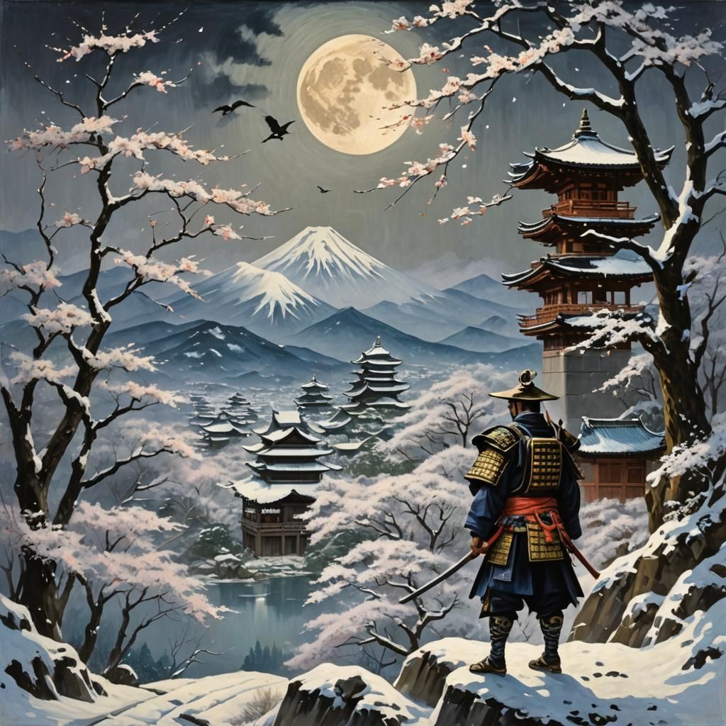 Shogun in Castle with Japanese Art, Oil Painting