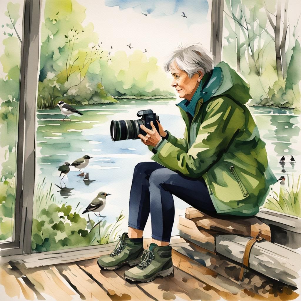 Watercolor Portrait of Woman Birdwatching in Nature