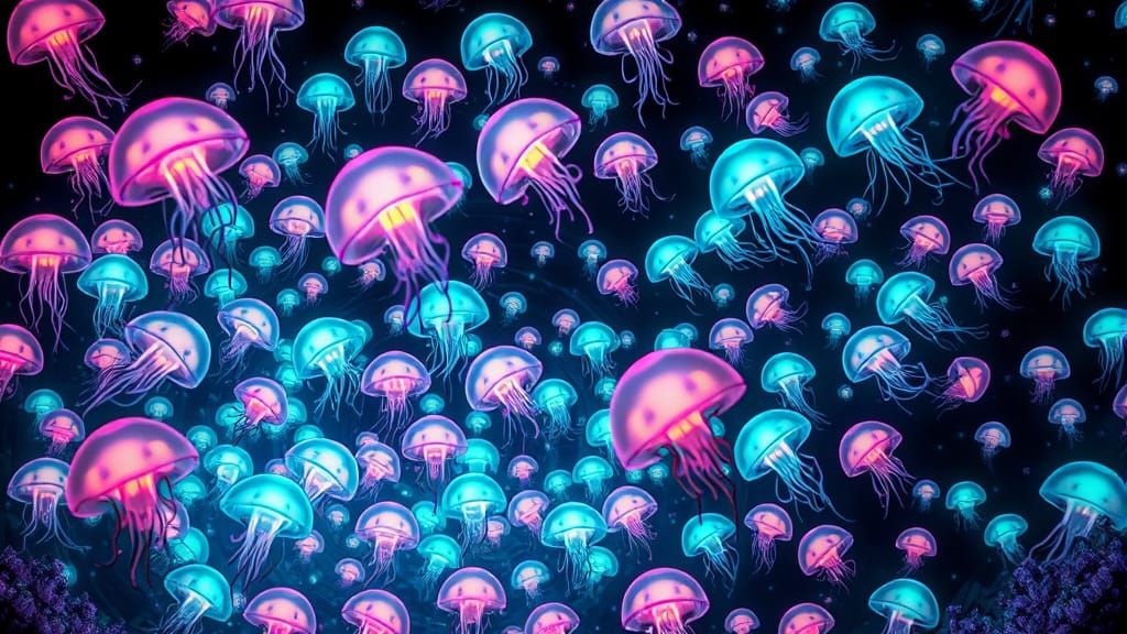 Chibi Jellyfish Swarm in Glowing Fruit Tornado