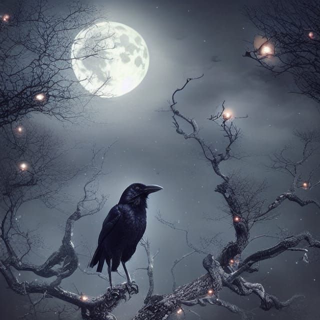 Realistic Crow in Moonlight with Twinkling Lights