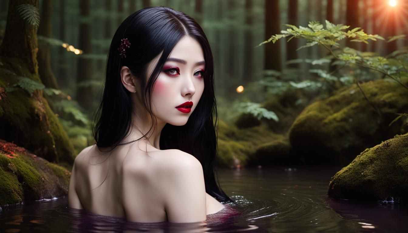 Japanese Girl Bathing in Forest Pool at Sunset