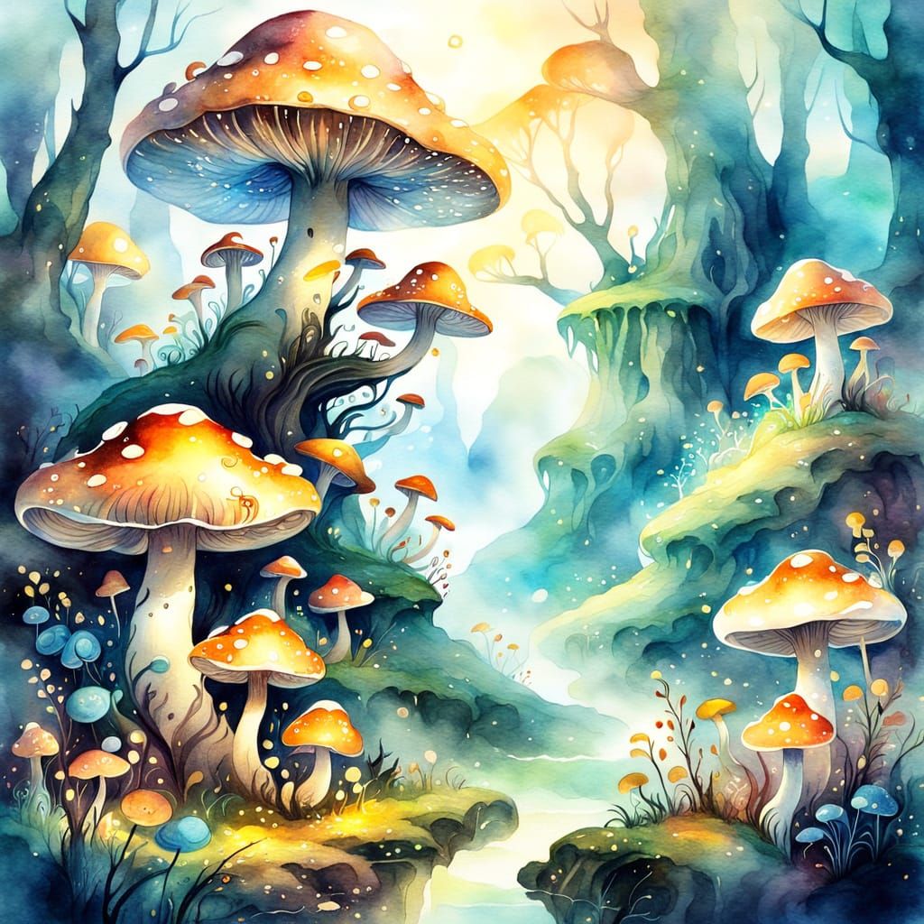 Explorer in Mystical Place: Vibrant Watercolor Fantasy Art