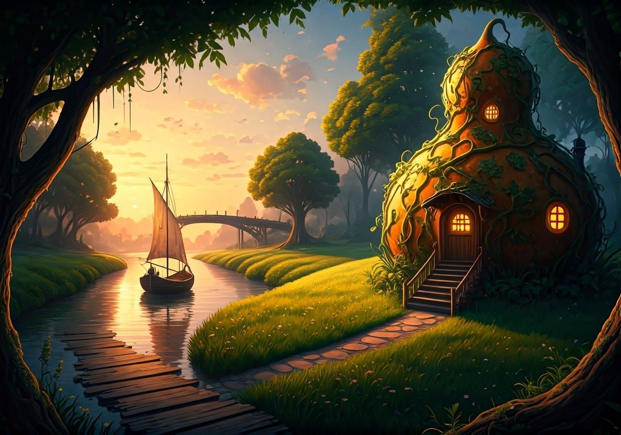 Gourd House and Boat on River, Fantasy Art