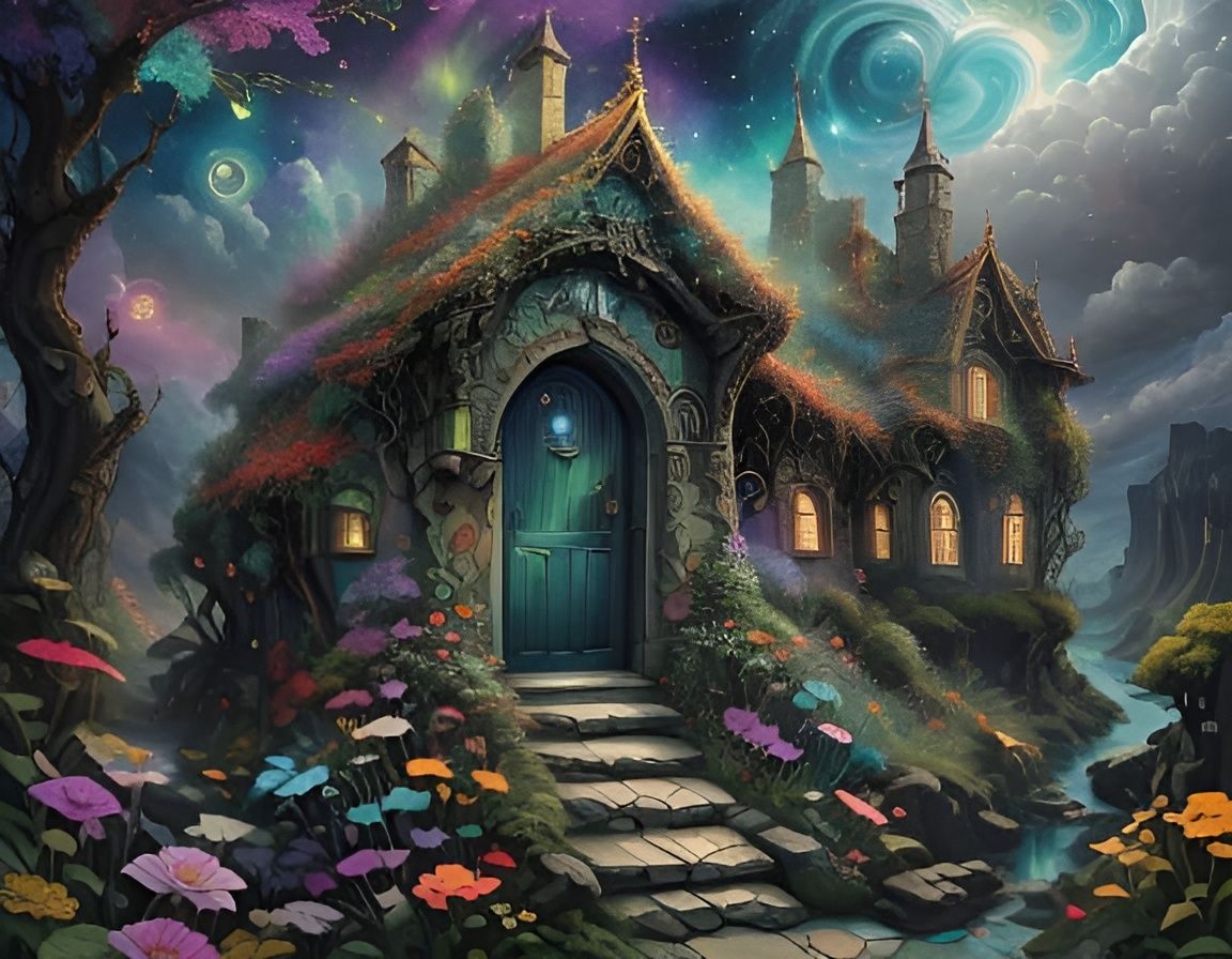 <lora:lucid dreams:1.0>
GRANDMA'S COTTAGE by Arthur Rachham