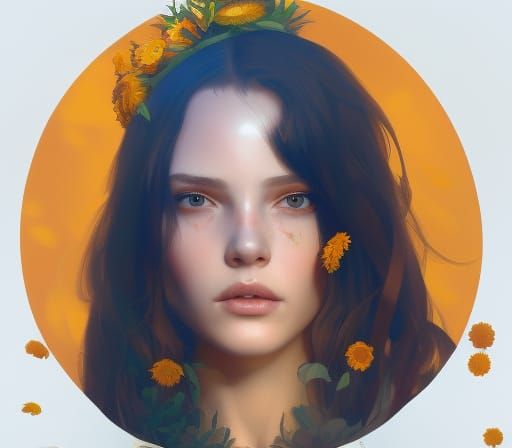 Girl with Sunflower Crown Portrait in Art Nouveau Style