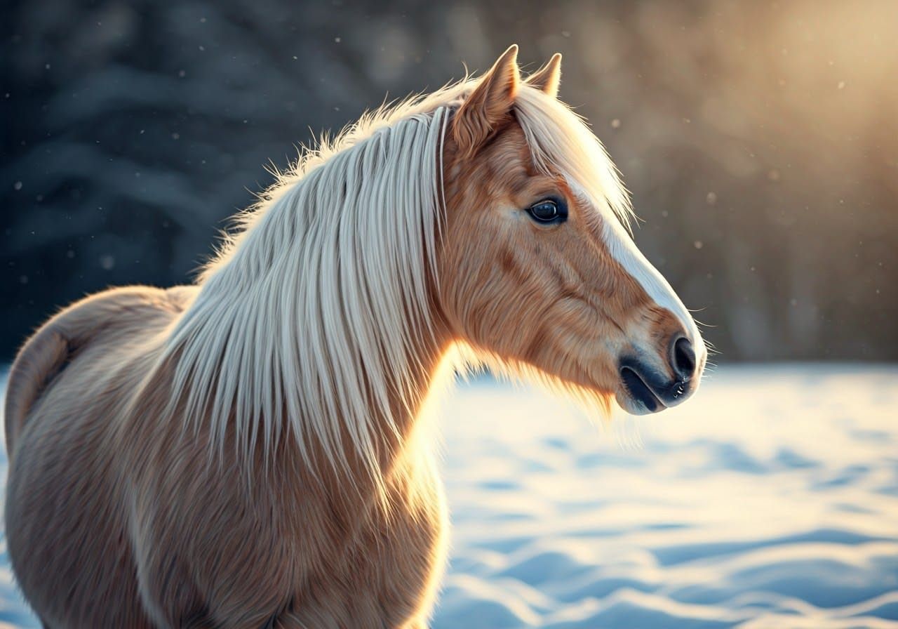 Cream Pony in Snowfield: Hyperrealistic Oil Painting