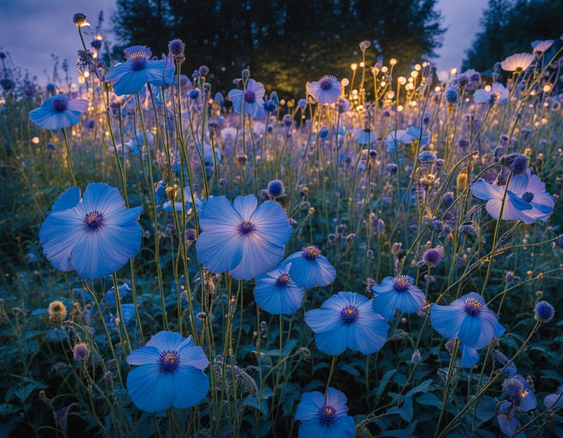Translucent Blue Flowers in Soft Purple Light