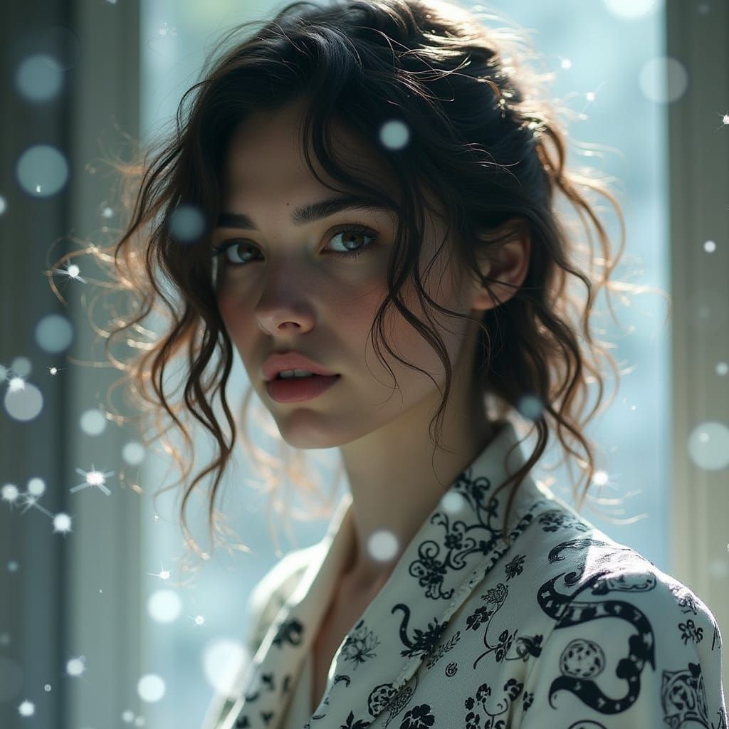 Brunette Beauty in Painted Attire with Sparkled Glass