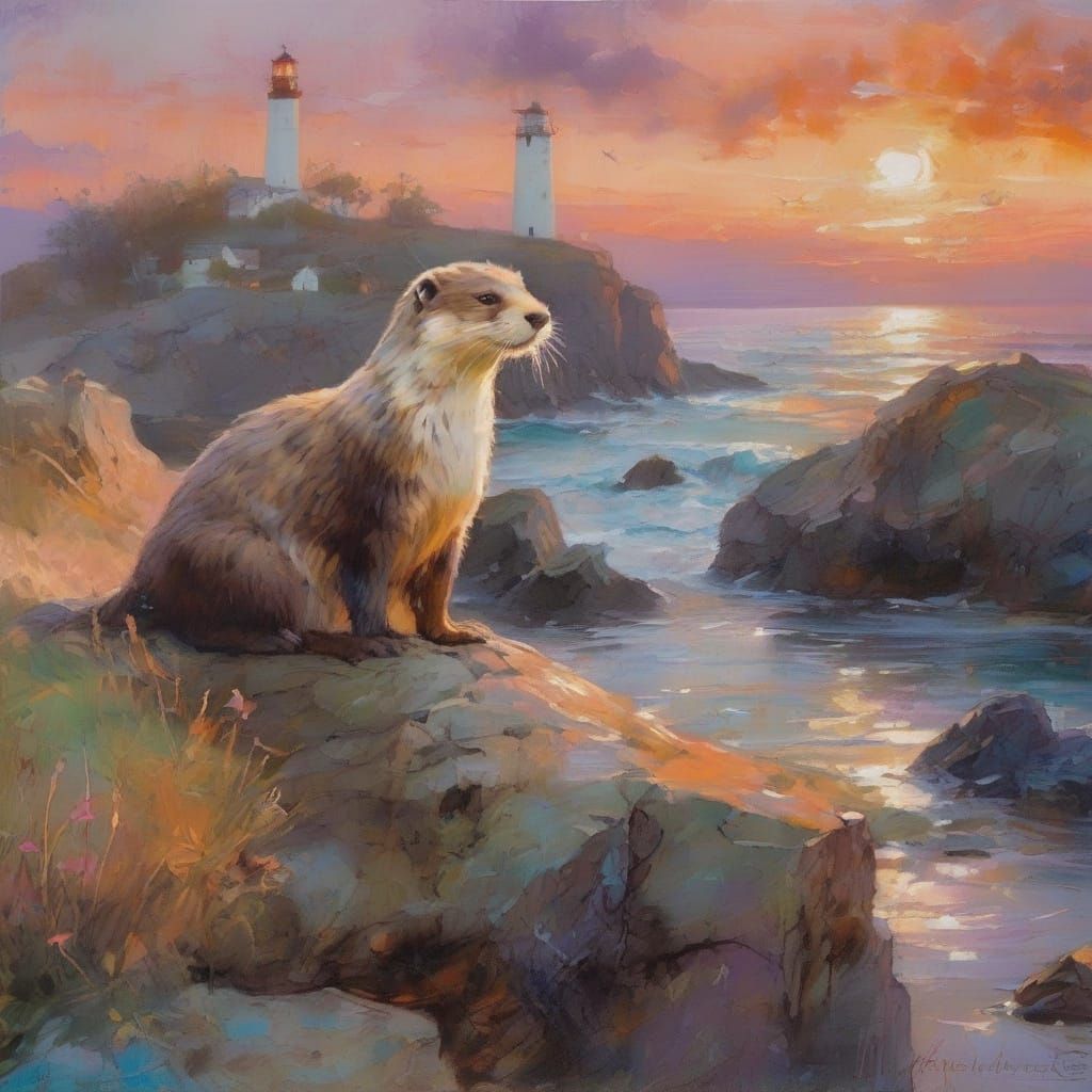 Whimsical Otter in Sunset Splendor