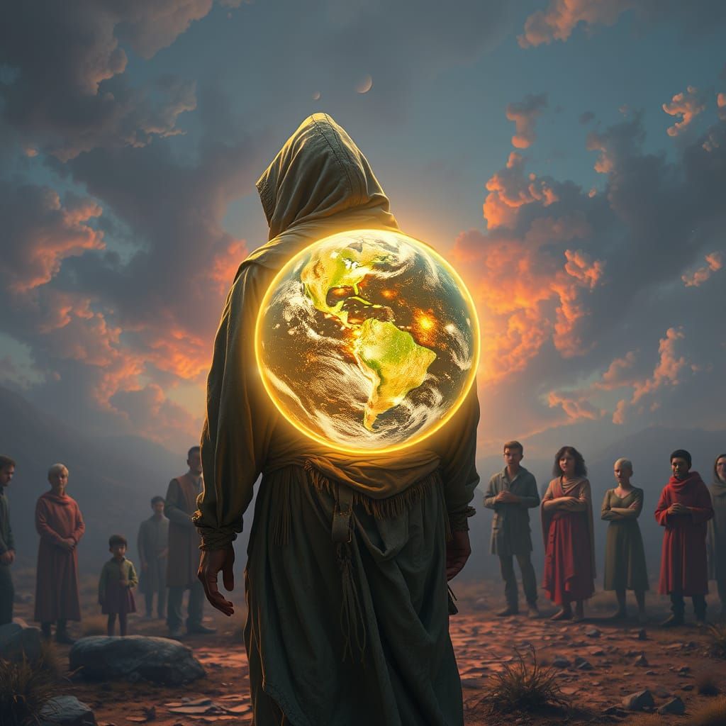 Mysterious Figure Carries Earth in Dreamlike Landscape