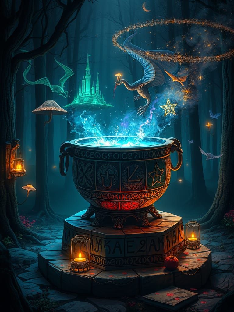 Enchanted Cauldron in Forest: Cosmic Illustration