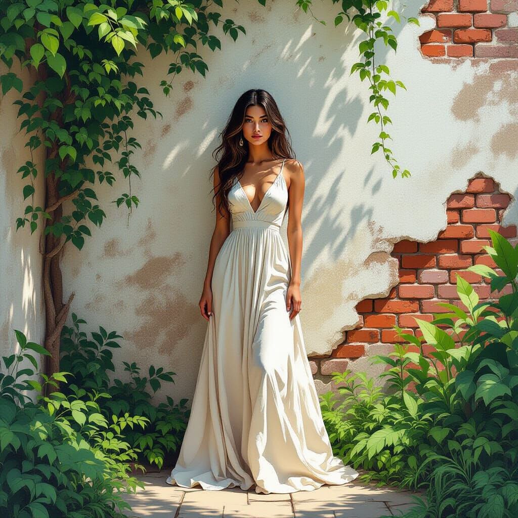 Woman and Lush Plants on Brick Wall
