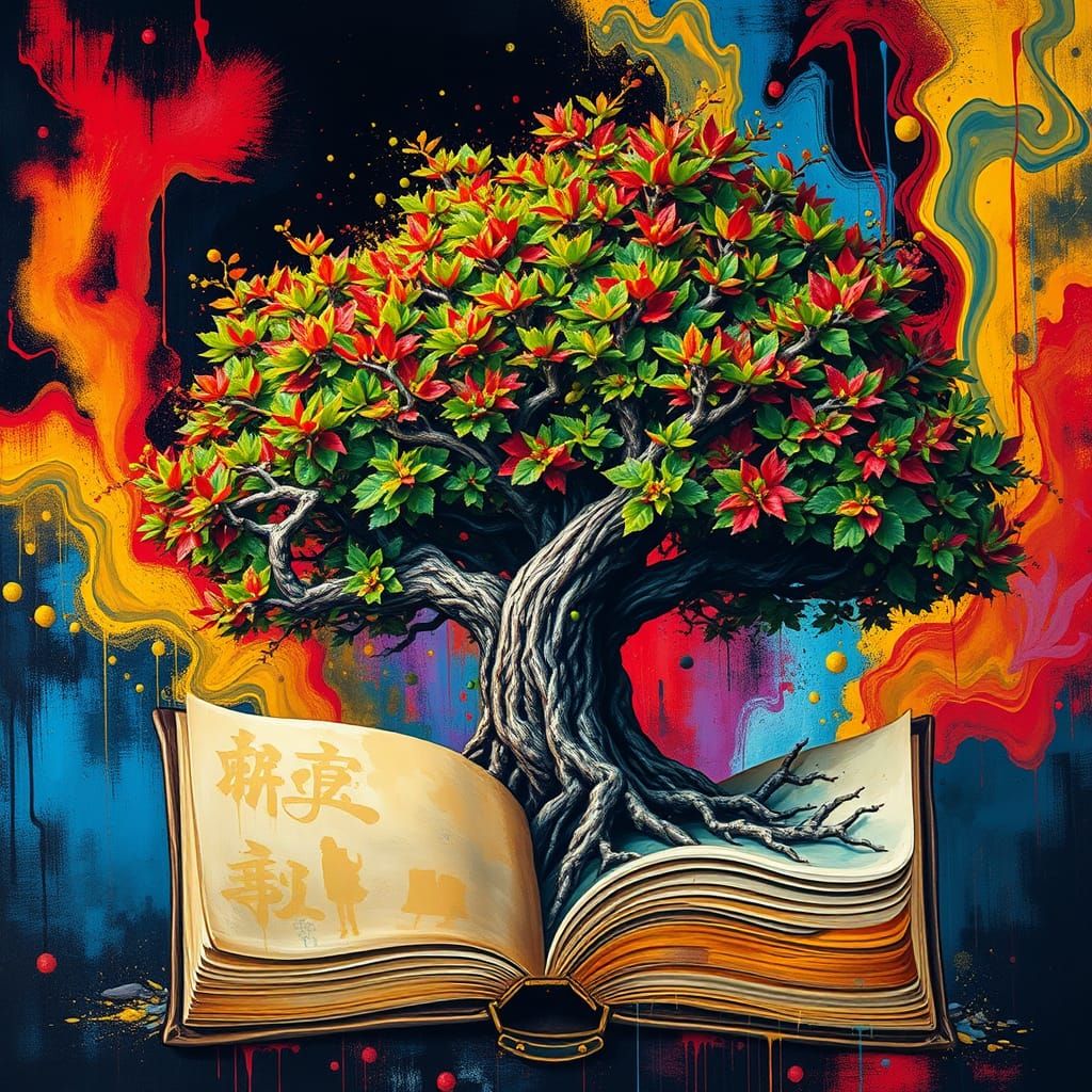 Graffiti Tree Emerges from Worn Book in Vibrant, High-Contra...