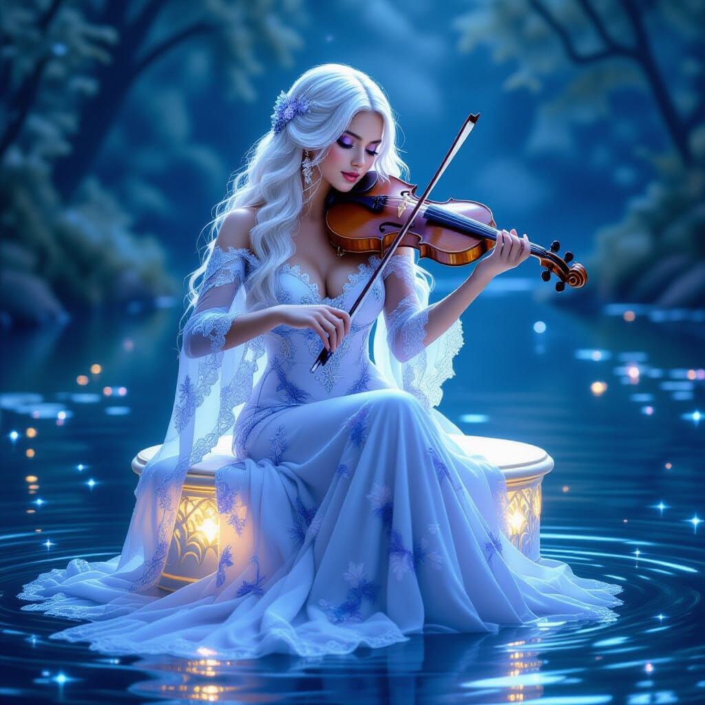 Ethereal Violinist in Dreamlike Lakeside Scene