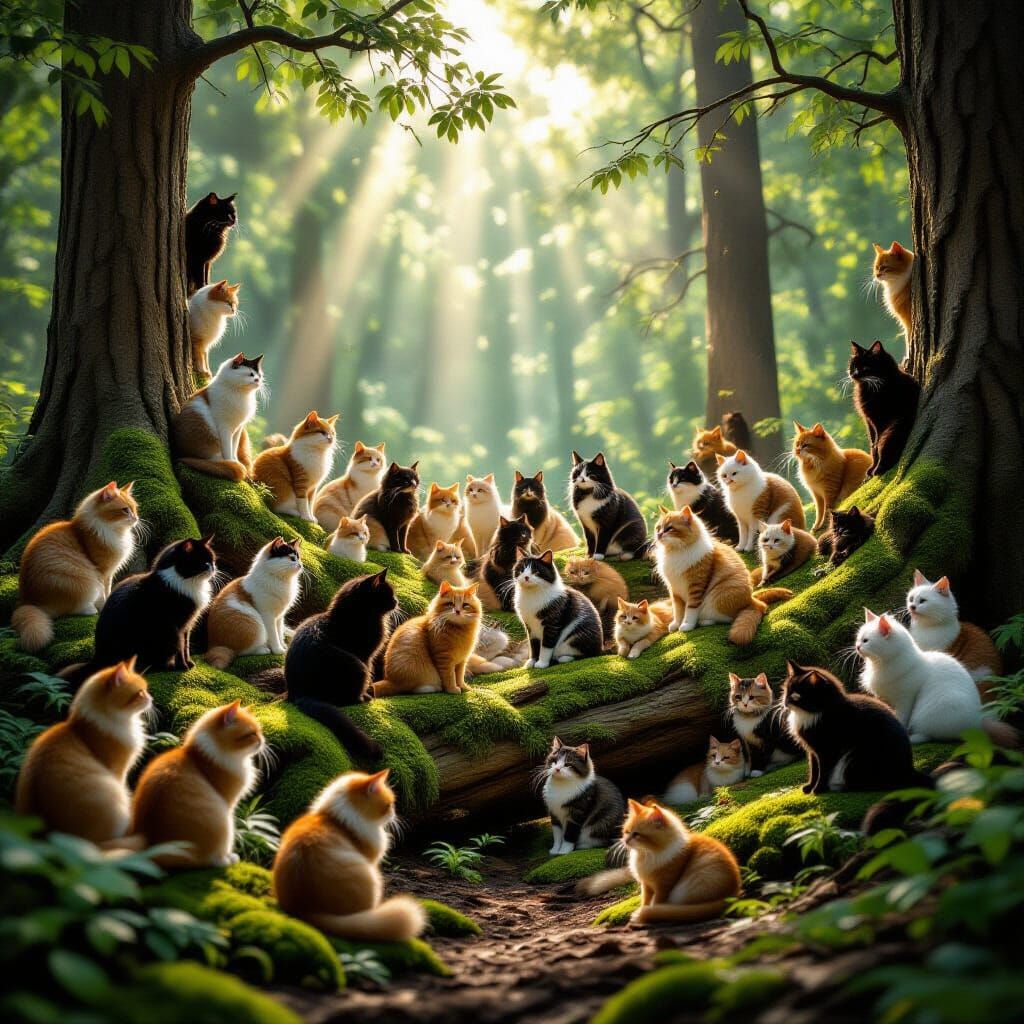 Realistic Cat Gathering in Sun-Dappled Forest