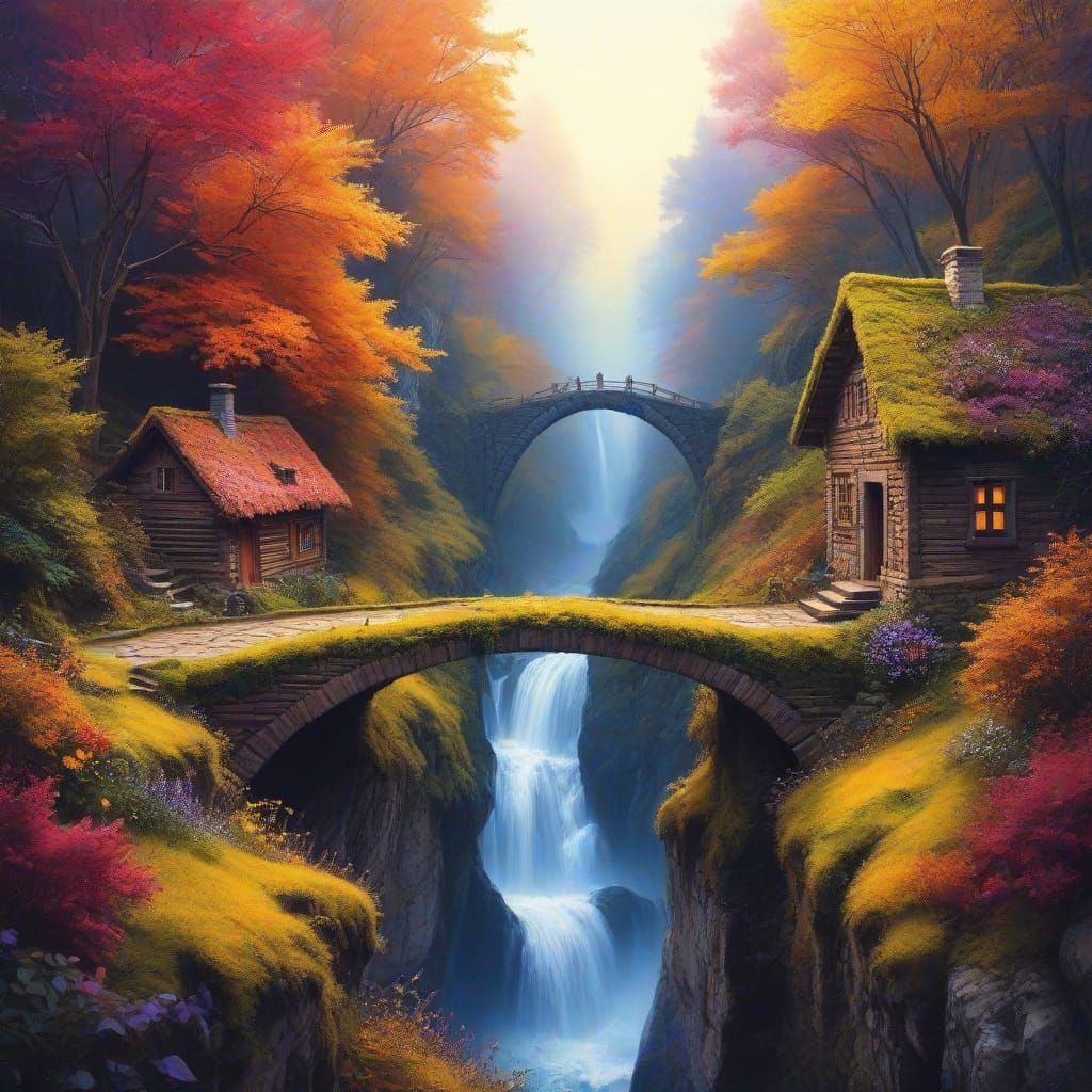 Autumnal Canyon Bridge in Whimsical Watercolor Style