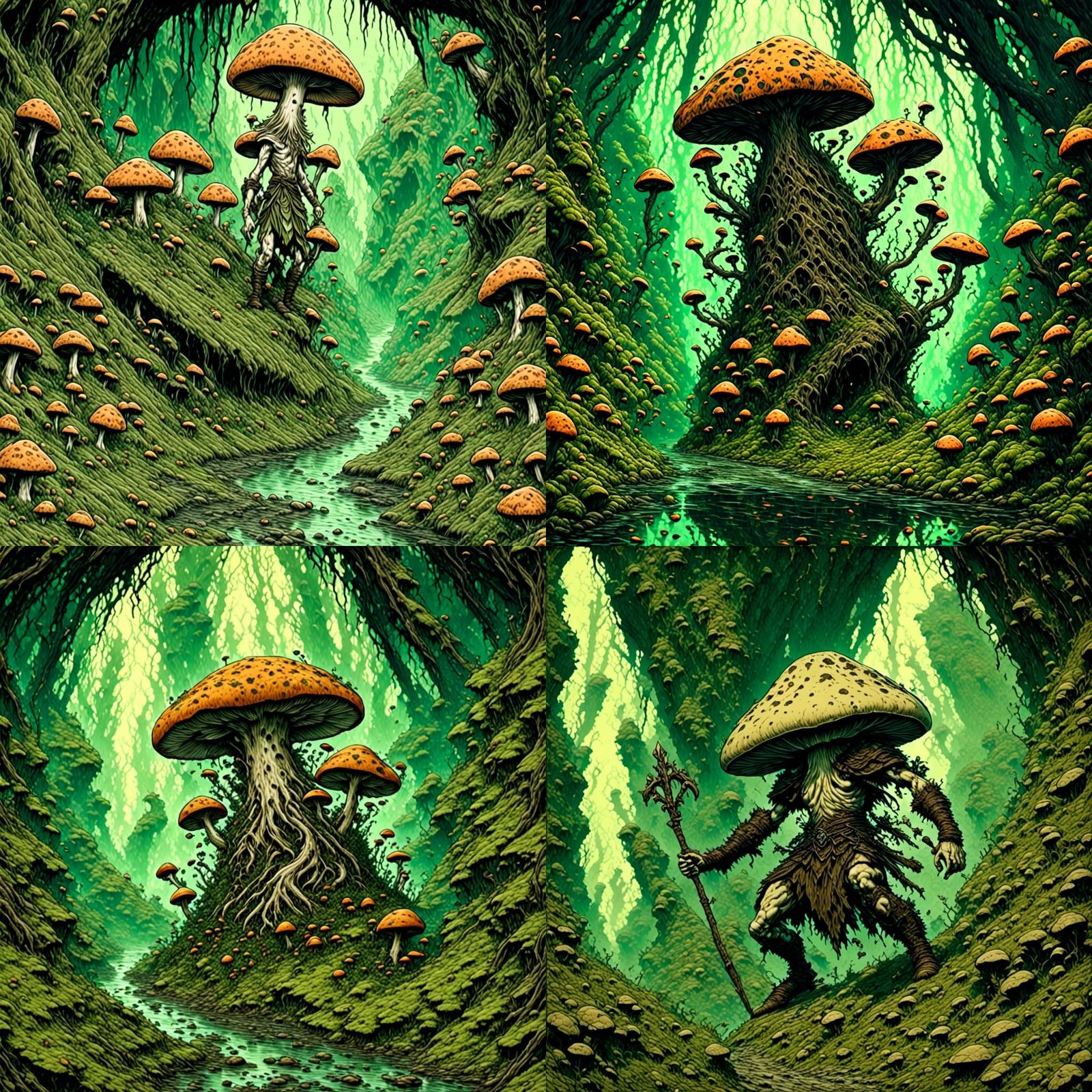 Mushroom Warrior in Fungal Forest: Fantasy Illustration