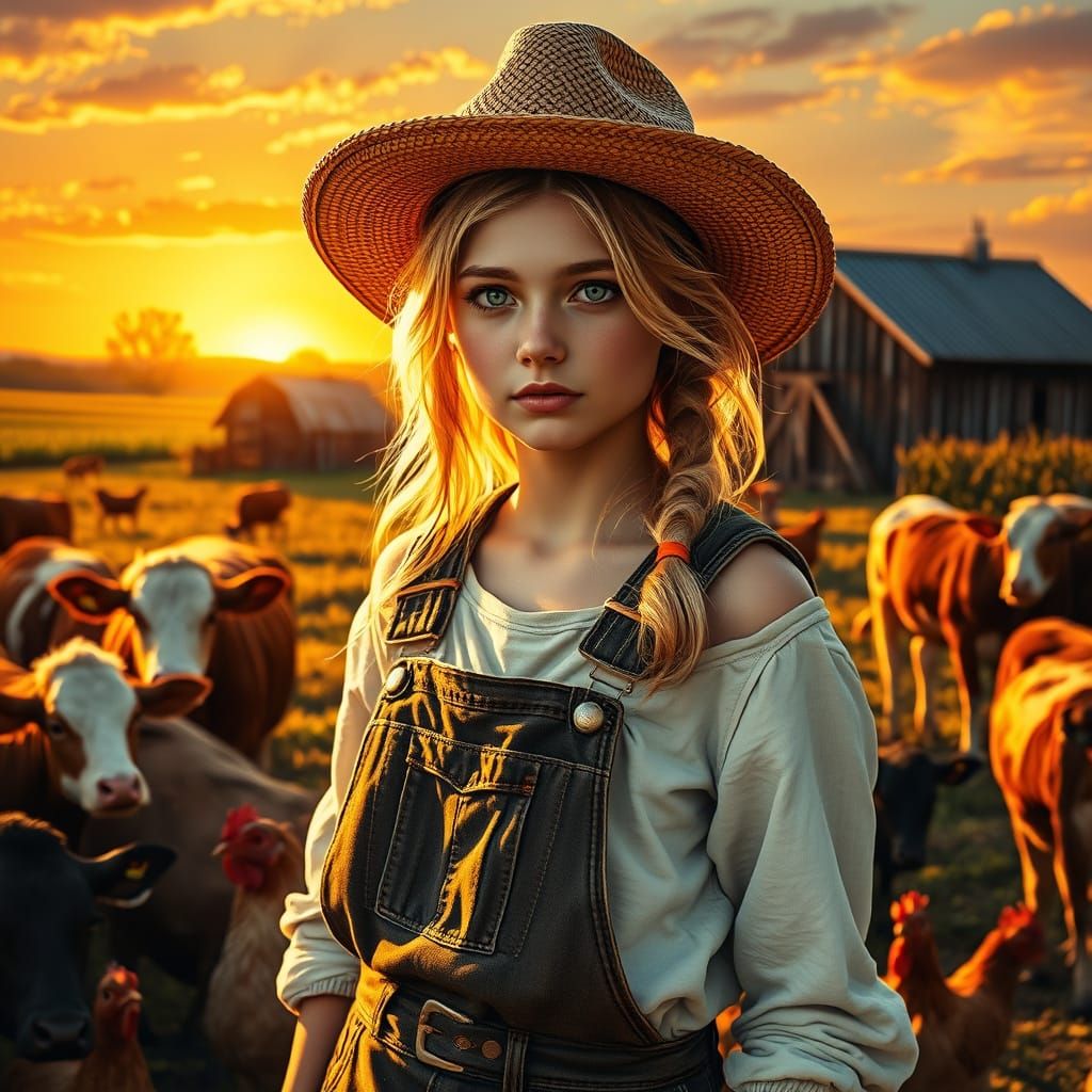 Sun-Kissed Country Girl in Farm Landscape with Cows and Chic...