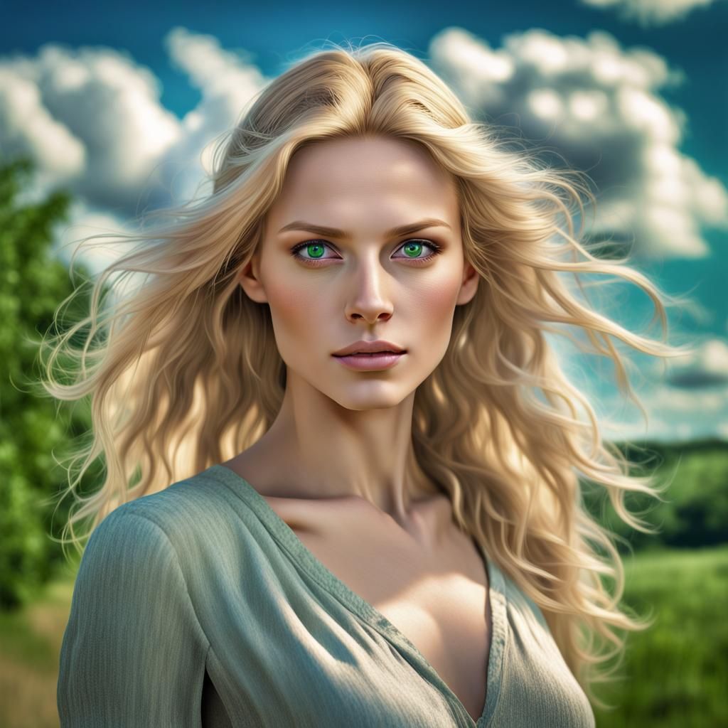 Radiant Woman in Green Landscape, Hyperrealistic Style