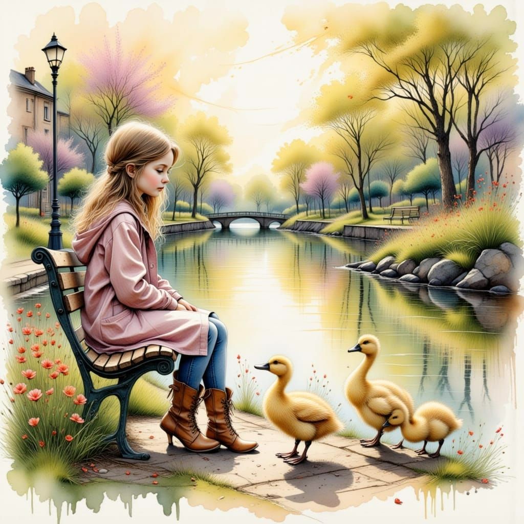 Girl with Ducklings: Deep Purple Ink Drawing