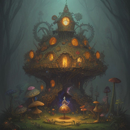 Steampunk Fairy in Bioluminescent Forest with Mechanical Mus...