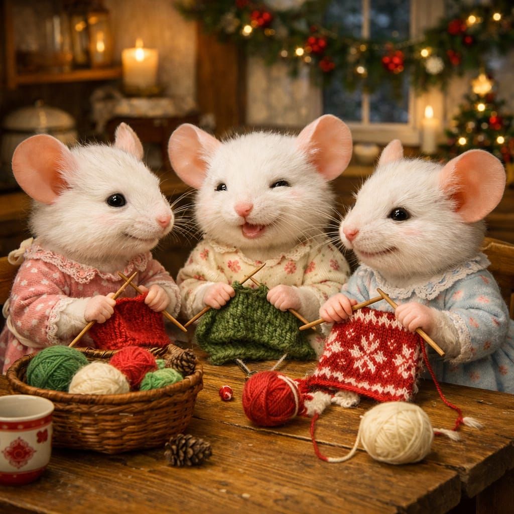 Three Adorable Mice in Floral Dresses Knitting by Christmas ...
