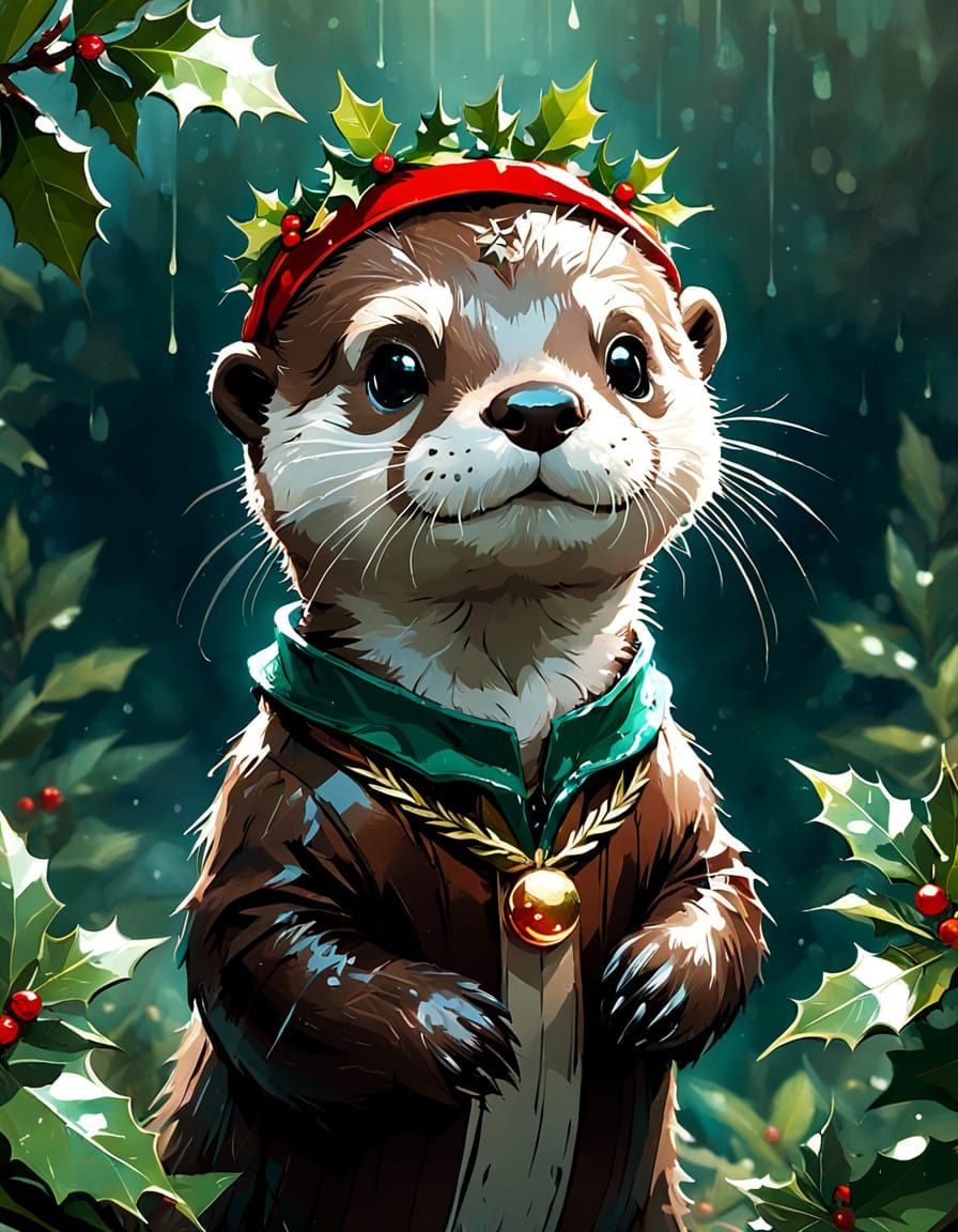 Whimsical Otter in Christmas Holly Attire, Digital Painting