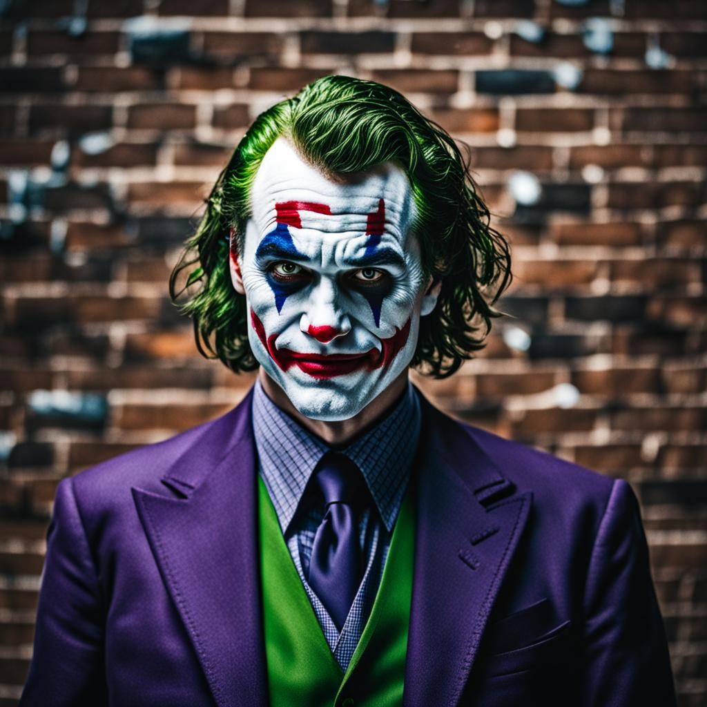 the joker is standing in front of a brick wall .2