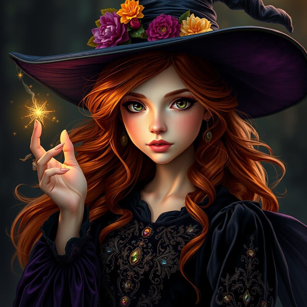 A full-length portrait of a young, beautiful, and fairy tale witch with enchanted Halloween vibes. She has flowing, rich...