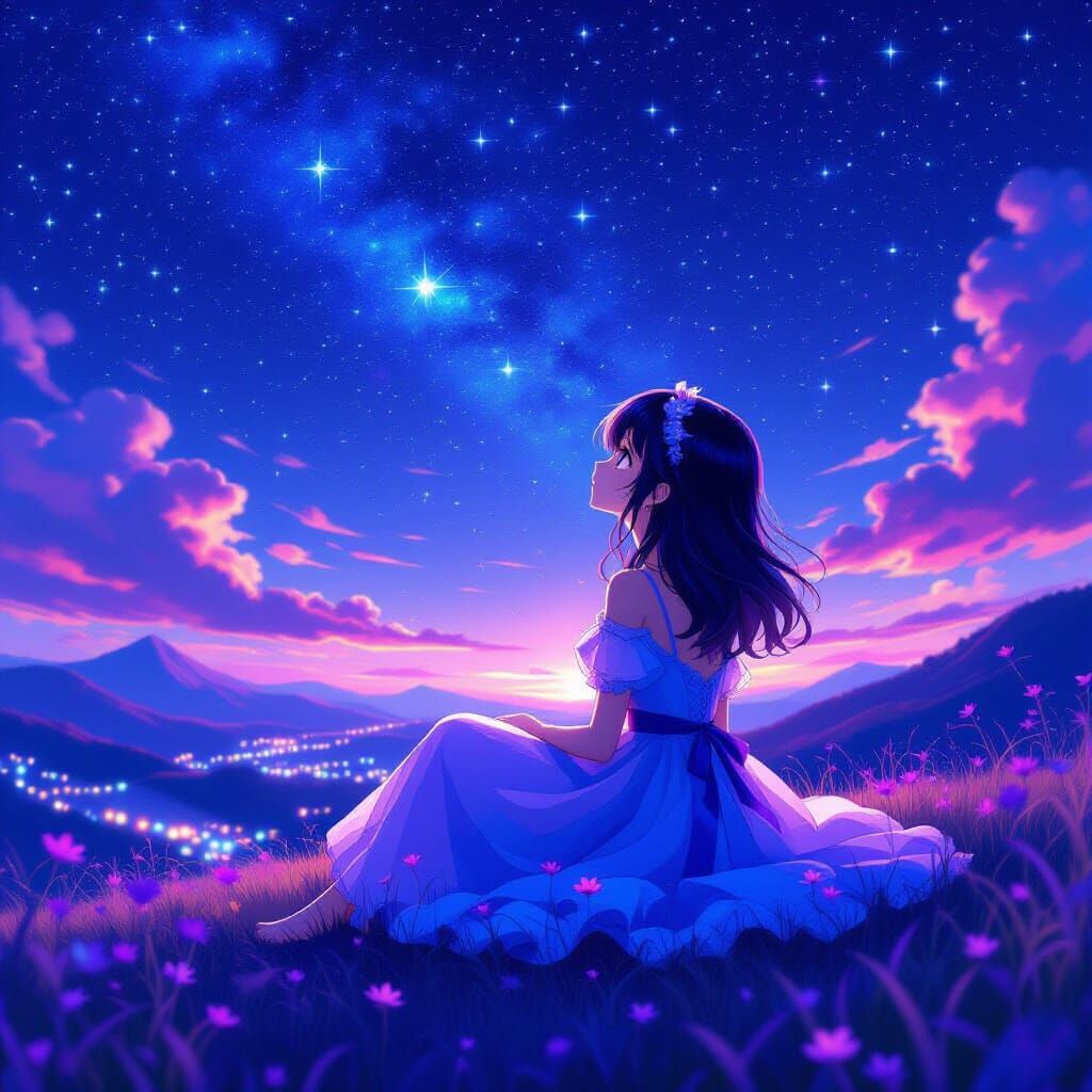 Anime Girl Gazing at Starry Night Sky