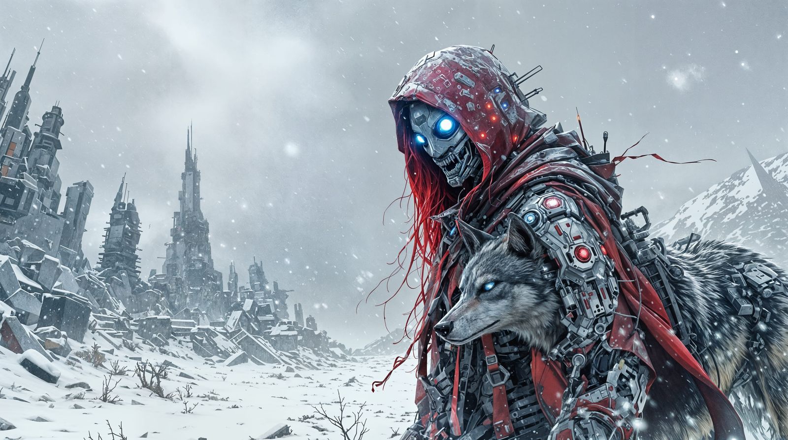 Cyberpunk Red Riding Hood in a Futuristic Winter Wasteland
