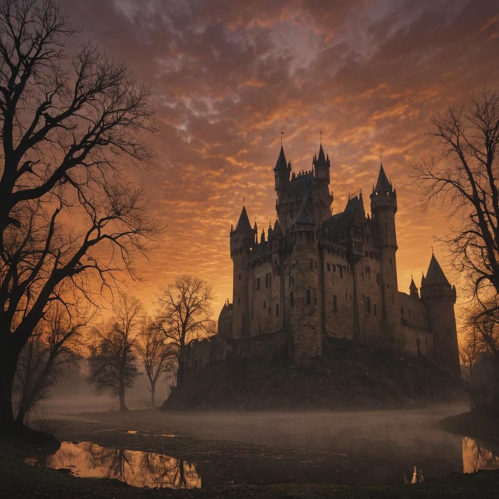 Ominous Dark Fantasy Castle at Sunset