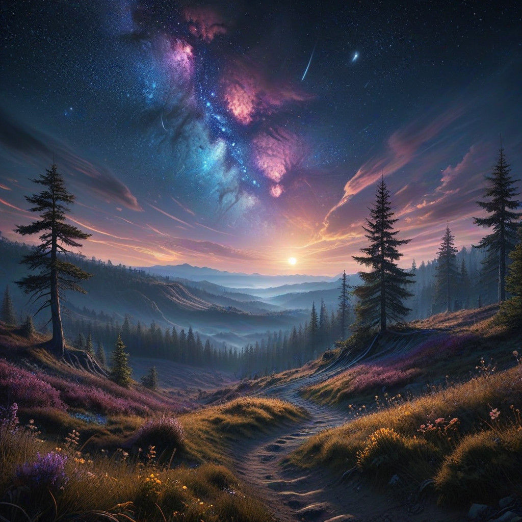Enchanting Starry Sky in a Dreamlike Fantasy Landscape