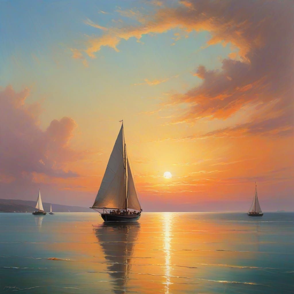 Sailboat on Turquoise Sea at Sunset: Impressionistic Style