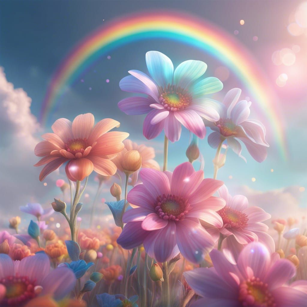 Ethereal Rainbow Flowers in a Detailed Matte Painting