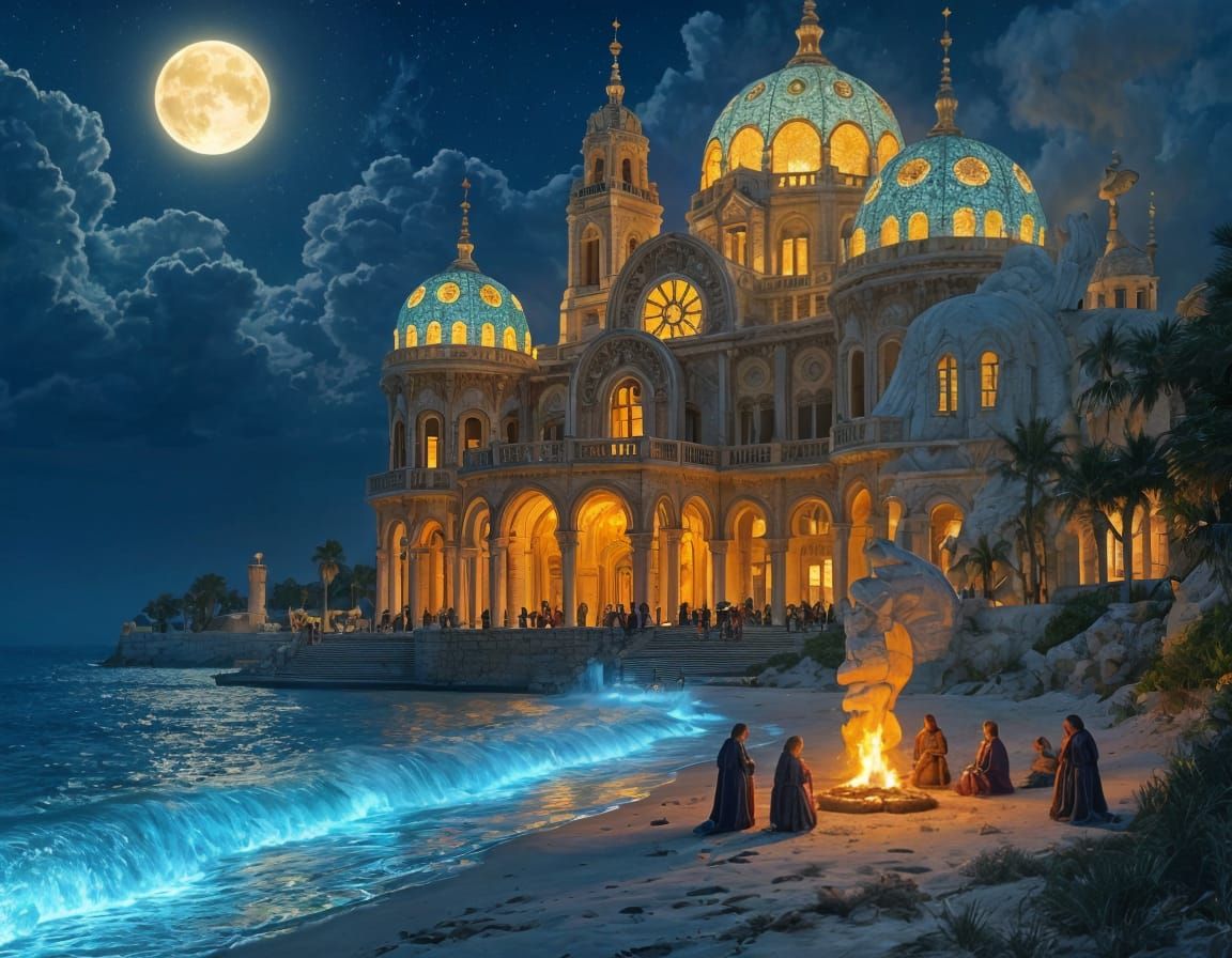 Surreal Palace on Mediterranean Shore, Sacred Ritual