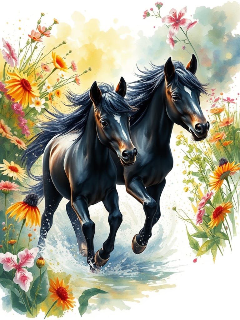 Sunlit Garden Scene with Playful Black Ponies