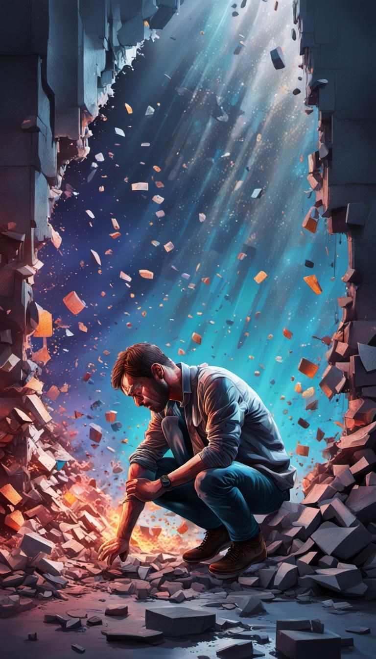 Man Feeling Broken: Hyperrealistic Splash Art
