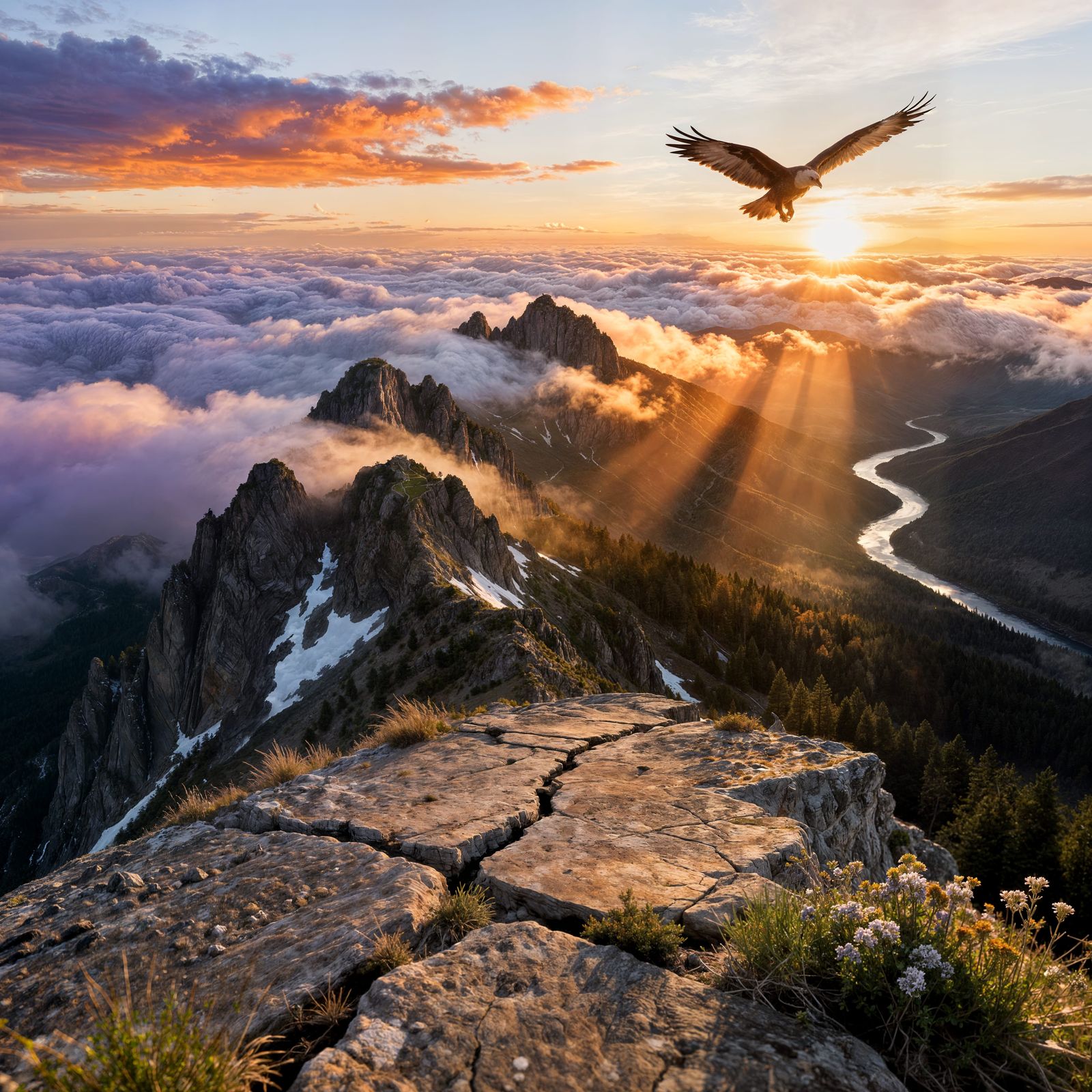 Sunrise Mountain Panorama Over Clouds with Hawk