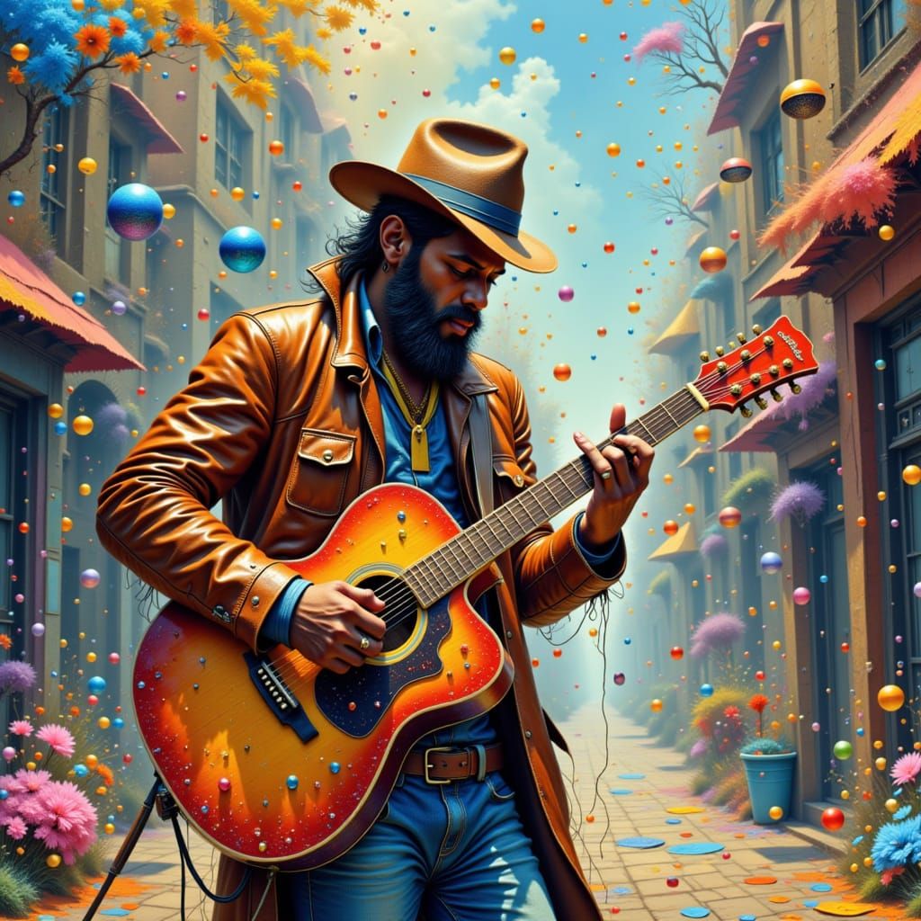 Street Musician with Guitar in Vibrant Confetti Style
